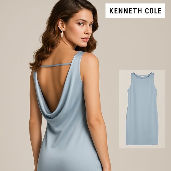 Kenneth Cole Light Sky Blue Satin Sleeveless Backless Dress Size 8 - Picture 1 of 8